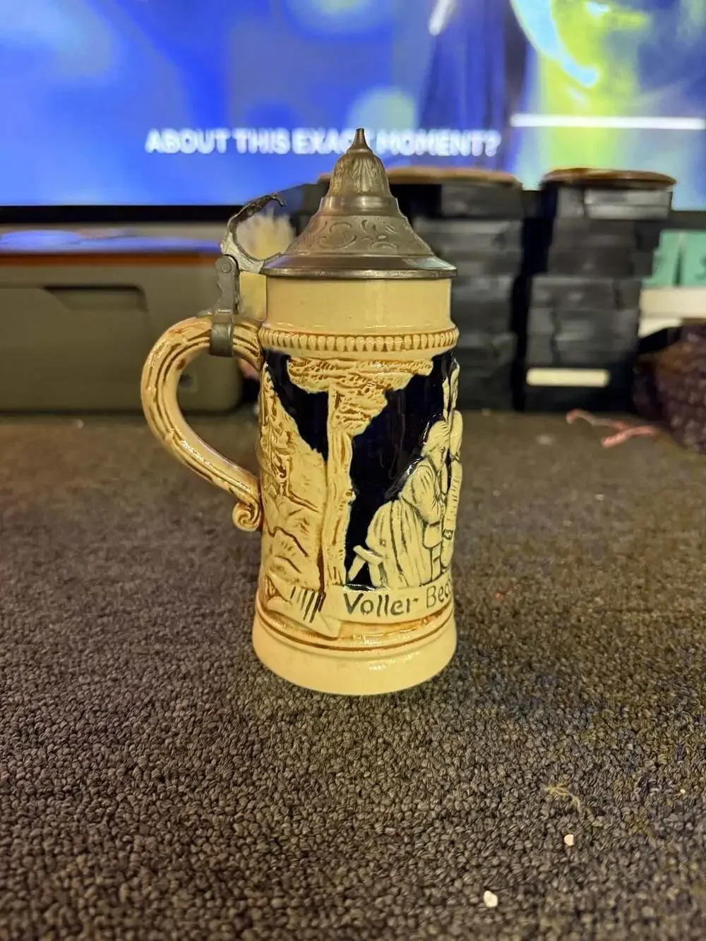 Vintage German Ceramic Beer Stein with Pewter Lid and Relief Detail